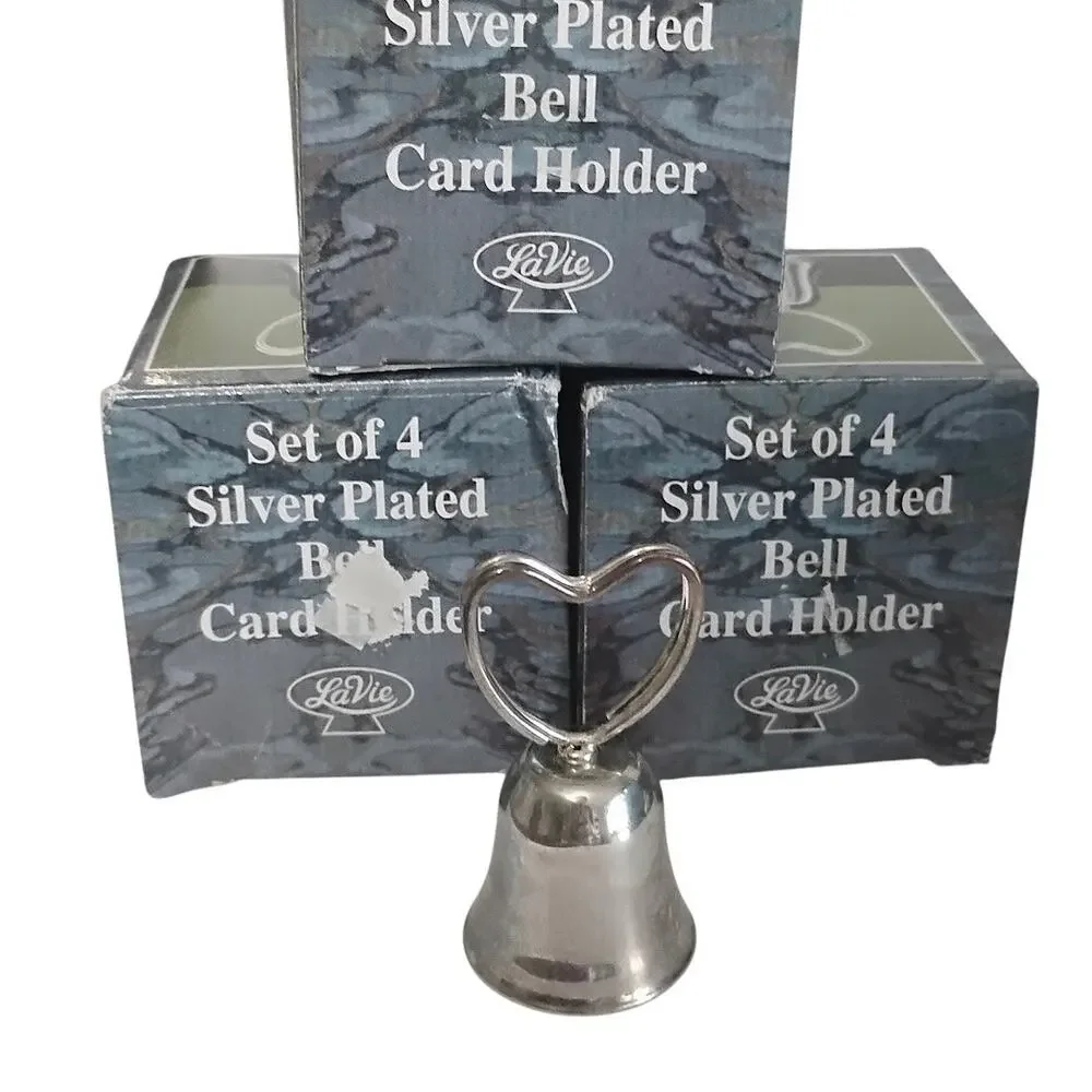 Set of 12 LaVie Silver Plated Bells Hearts Placecard Holders Holidays Christmas
